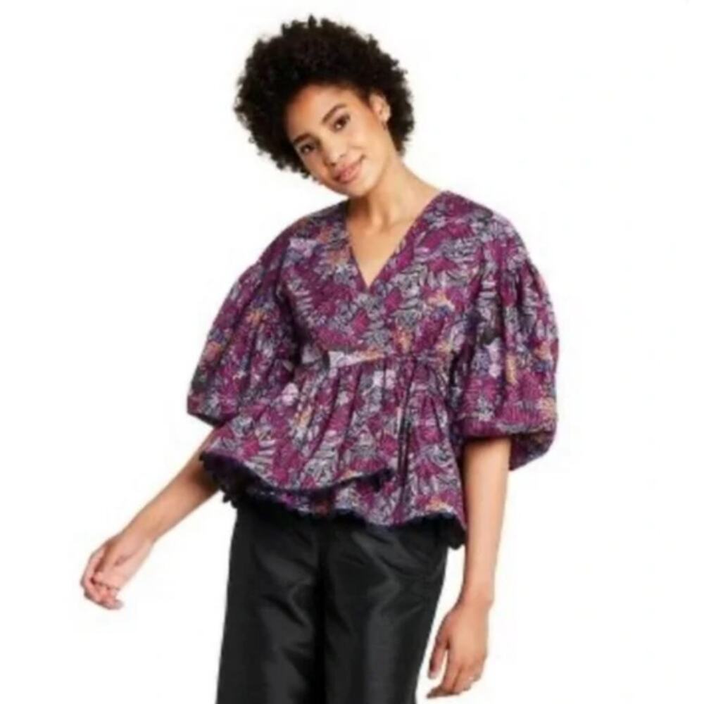 Kika Vargas Women's Puff Sleeve Coral Reef Scallop Wrap Blouse Purple Size XXS‎